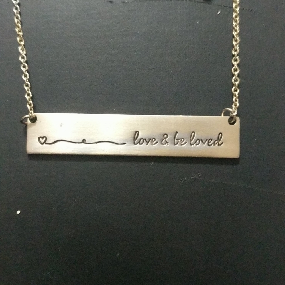 Silver Tone Love and Be Loved Bar Pendant Statement Necklace